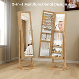 Freestanding Lockable Jewelry Armoire with Full-Length Mirror and 6 LED Lights-Natural