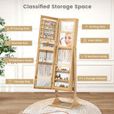 Freestanding Lockable Jewelry Armoire with Full-Length Mirror and 6 LED Lights-Natural