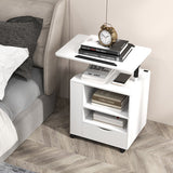 Nightstand Bedside Table Swivel Laptop Tray with Charging Station and LED Lights-White