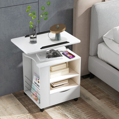 Nightstand Bedside Table Swivel Laptop Tray with Charging Station and LED Lights-White