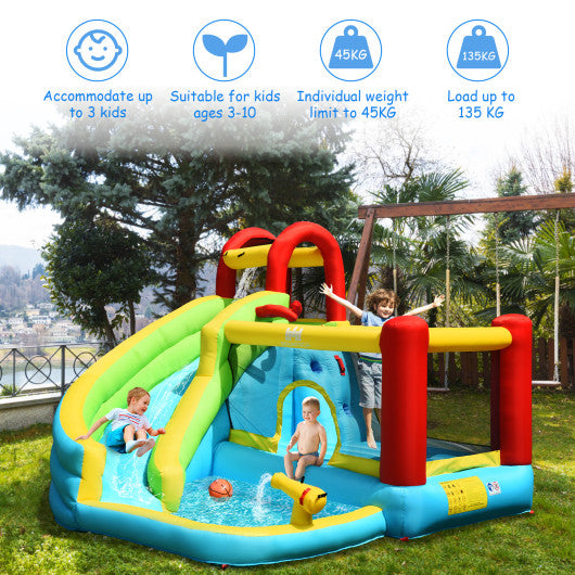 6-in-1 Inflatable Bounce House with Climbing Wall and Basketball Hoop with Blower