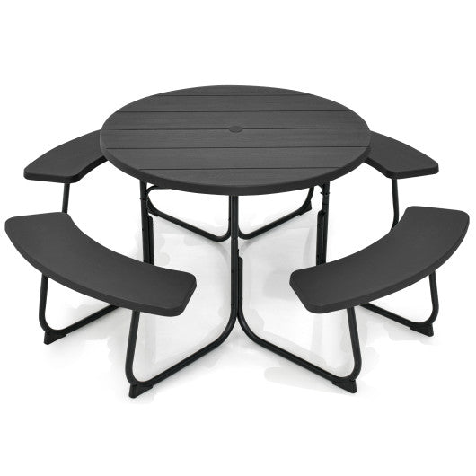 8-Person Outdoor Picnic Table and Bench Set with Umbrella Hole-Black