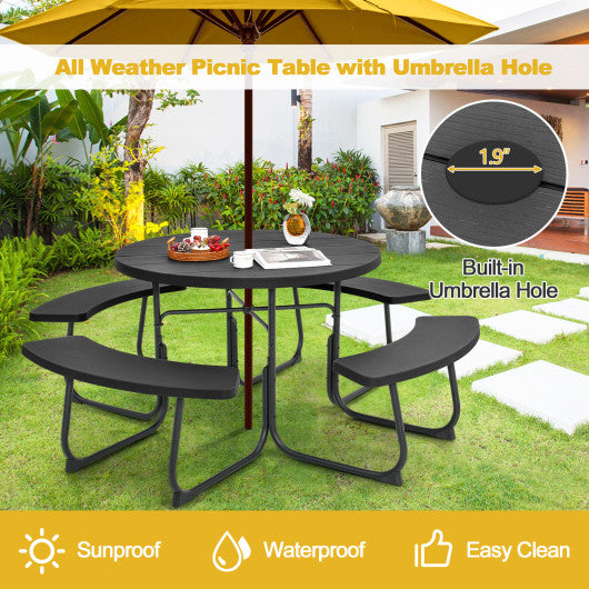 8-Person Outdoor Picnic Table and Bench Set with Umbrella Hole-Black