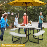 8-Person Outdoor Picnic Table and Bench Set with Umbrella Hole-White