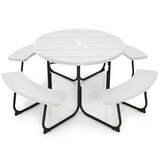 8-Person Outdoor Picnic Table and Bench Set with Umbrella Hole-White