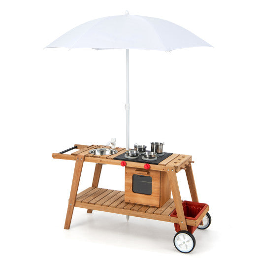 Wooden Play Cart with Sun Proof Umbrella for Toddlers Over 3 Years Old