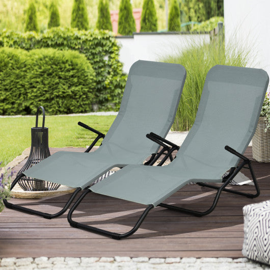 2 Pieces Folding Portable Patio Chaise Lounger with Rocking Design-Light Green