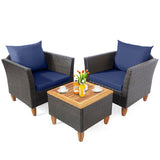 3 Pieces Patio Rattan Bistro Furniture Set with Wooden Table Top-Navy