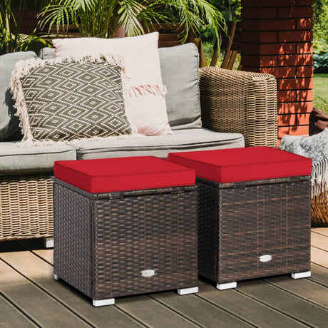 2 Pieces Patio Ottoman with Removable Cushions-Red