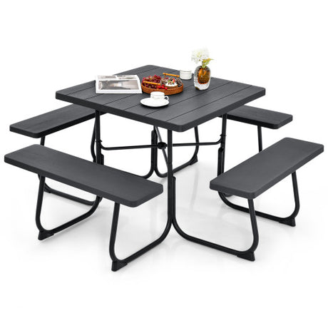 Outdoor Picnic Table with 4 Benches and Umbrella Hole-Black