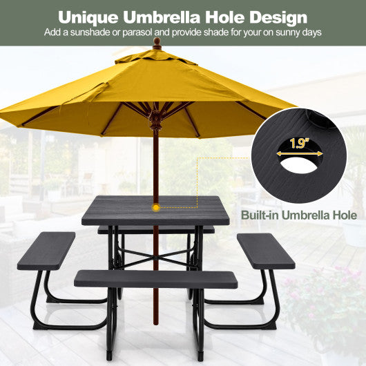 Outdoor Picnic Table with 4 Benches and Umbrella Hole-Black
