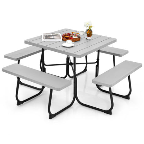 Outdoor Picnic Table with 4 Benches and Umbrella Hole-Gray