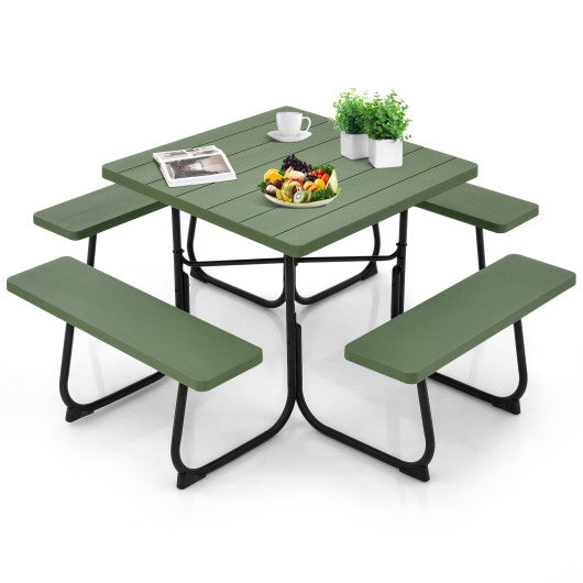 Outdoor Picnic Table with 4 Benches and Umbrella Hole-Green