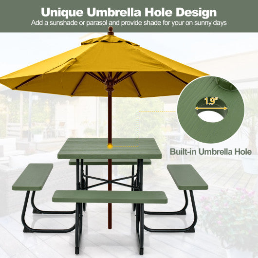 Outdoor Picnic Table with 4 Benches and Umbrella Hole-Green