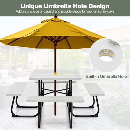 Outdoor Picnic Table with 4 Benches and Umbrella Hole-White
