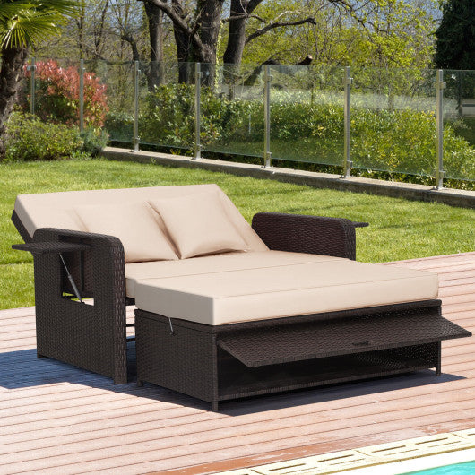 Patio Rattan Daybed with 4-Level Adjustable Backrest and Retractable Side Tray-Brown