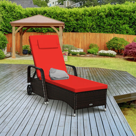 Outdoor Recliner Cushioned Chaise Lounge with Adjustable Backrest-Red & White