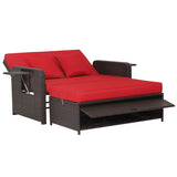 Patio Rattan Daybed with 4-Level Adjustable Backrest and Retractable Side Tray-Red