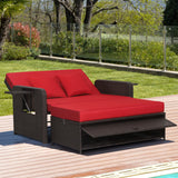 Patio Rattan Daybed with 4-Level Adjustable Backrest and Retractable Side Tray-Red