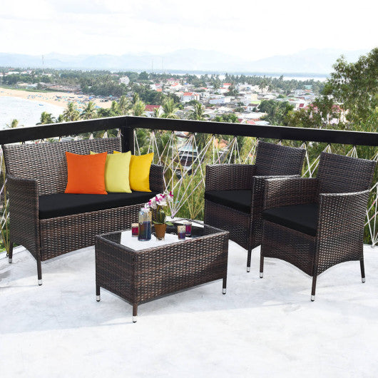 4 Pieces Rattan Sofa Set with Glass Table and Comfortable Wicker for Outdoor Patio-Black