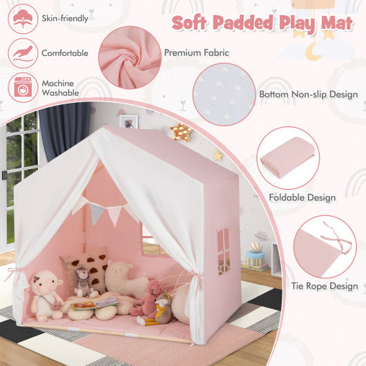 Kid's Play Tent with Washable Cotton Mat and Flag Banner-Pink