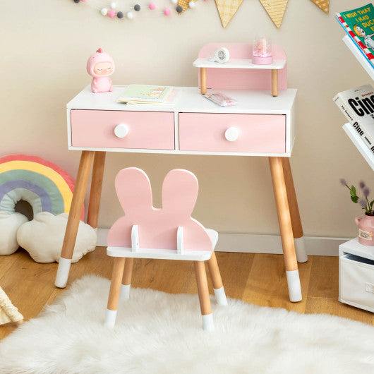 Kids Vanity Table and Chair Set with Drawer Shelf and Rabbit Mirror-Pink
