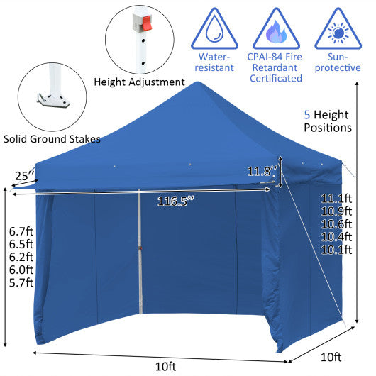 10 x 10 Feet Pop-up Gazebo with 5 Removable Zippered Sidewalls and Extended Awning-Blue