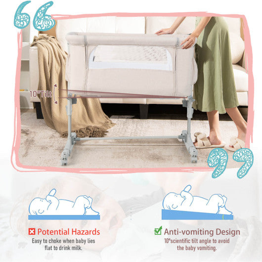Portable Baby Bedside Bassinet with 5-level Adjustable Heights and Travel Bag-Beige
