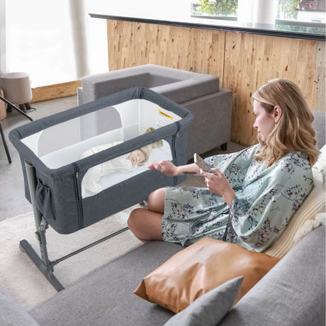 Portable Baby Bedside Bassinet with 5-level Adjustable Heights and Travel Bag-Gray