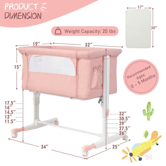Portable Baby Bedside Bassinet with 5-level Adjustable Heights and Travel Bag-Pink