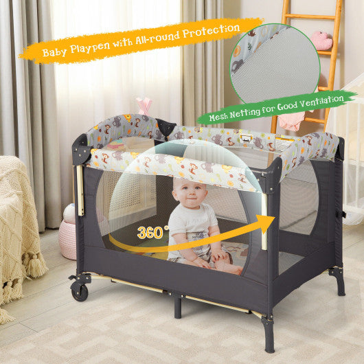 3-in-1 Convertible Portable Baby Playard with Music Box and Wheel and Brakes-Dark Gray