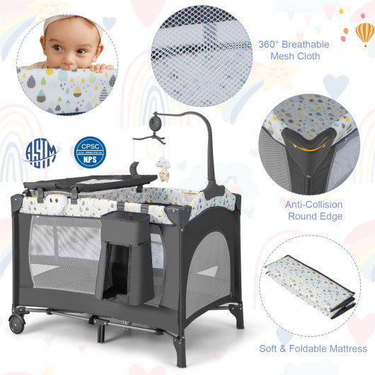 Multi-Functional Baby Playpen with Mattress and Removable Changing Table-Gray