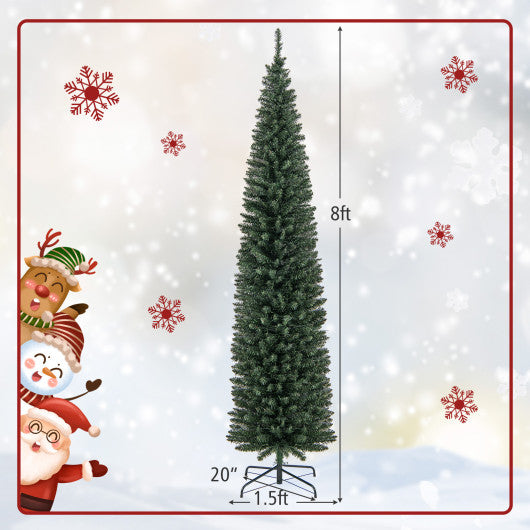 5/6/7/8/9 Feet Pre-lit Pencil Artificial Christmas Tree with 150/180/200//300/400 Warm White LED Lights-8 ft