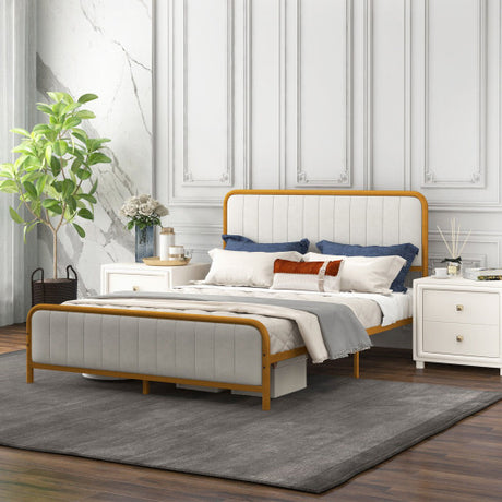 Upholstered Gold Platform Bed Frame with Velvet Headboard-Queen Size