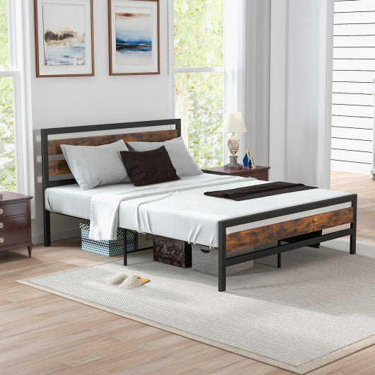 Full Queen Industrial Bed Frame with Rustic Headboard and