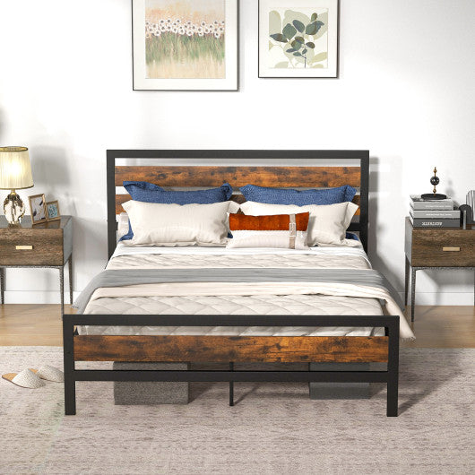 Full/Queen Industrial Bed Frame with Rustic Headboard and Footboard-Queen Size