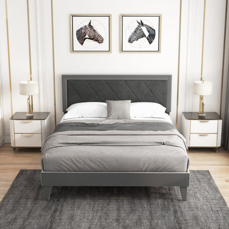 Twin/Full/Queen Platform Bed with High Headboard and Wooden Slats-Queen Size