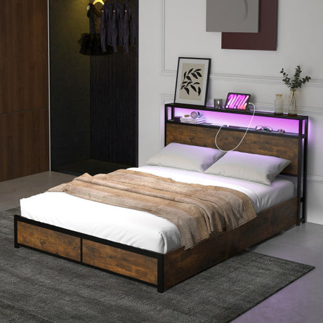 Full/Queen Size Bed Frame with Smart LED Lights and Storage Drawers-Queen Size