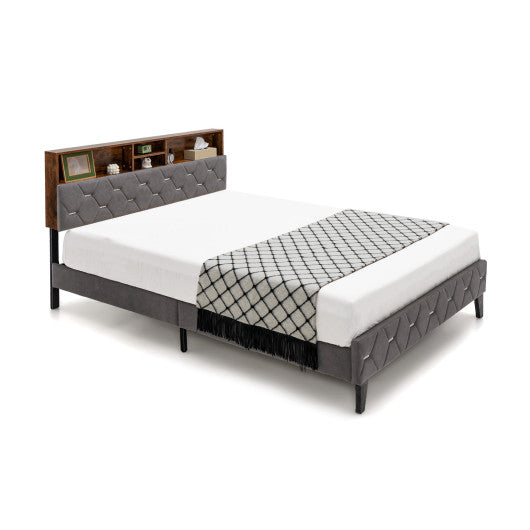 Full/Queen Size Upholstered Bed Frame with Storage Headboard-Queen Size