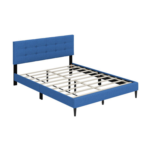 Queen Size Upholstered Platform Bed with Button Tufted Headboard-Blue