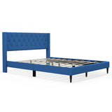 Queen Size Upholstered Platform Bed with Button Tufted Wingback Headboard-Blue
