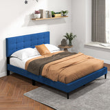 Queen Size Upholstered Platform Bed with Button Tufted Headboard-Blue