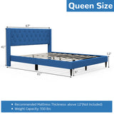 Queen Size Upholstered Platform Bed with Button Tufted Wingback Headboard-Blue