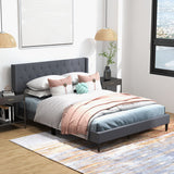 Queen Size Upholstered Platform Bed with Button Tufted Wingback Headboard-Gray