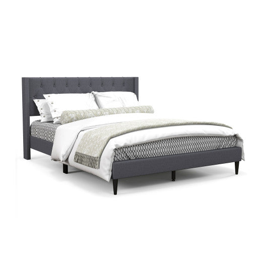 Queen Size Upholstered Platform Bed with Button Tufted Wingback Headboard-Gray