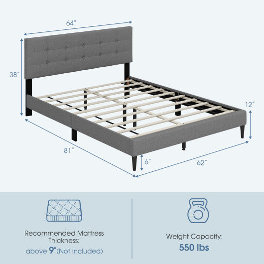 Queen Size Upholstered Platform Bed with Button Tufted Headboard-Gray