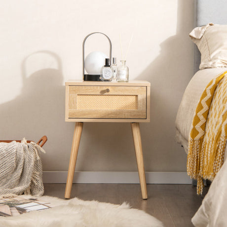 Modern Rattan Nightstand with Drawer and Solid Wood Legs for Bedroom and Living Room-Natural