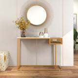 Rectangular White Faux Marble Console Table with Storage-Gold