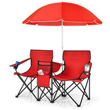 Portable Folding Picnic Double Chair With Umbrella-Red