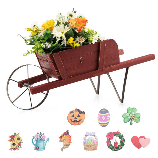 Wooden Wagon Planter with 9 Magnetic Accessories for Garden Yard-Red